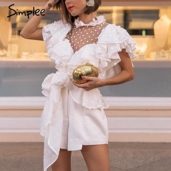 Simplee V neck strap boho mesh blouse shirt women Ruffle short sleeve elegant peplum tops Summer lace up ladies sexy blusas 2018