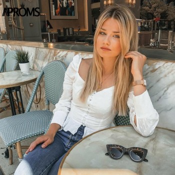 Aproms Sexy Square  Neck Long Sleeve Lace Crochet Blouse Shirt Women Button Down White Crop Tops Summer High Street Blusas 2018