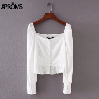 Aproms Sexy Square  Neck Long Sleeve Lace Crochet Blouse Shirt Women Button Down White Crop Tops Summer High Street Blusas 2018