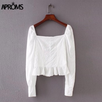 Aproms Sexy Square  Neck Long Sleeve Lace Crochet Blouse Shirt Women Button Down White Crop Tops Summer High Street Blusas 2018