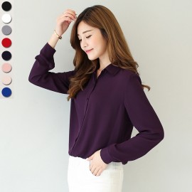 2018 spring new hot solid color lapel long sleeve shirts Plus Size shirt chiffon blouse shirt womens casual loose blouses EY8