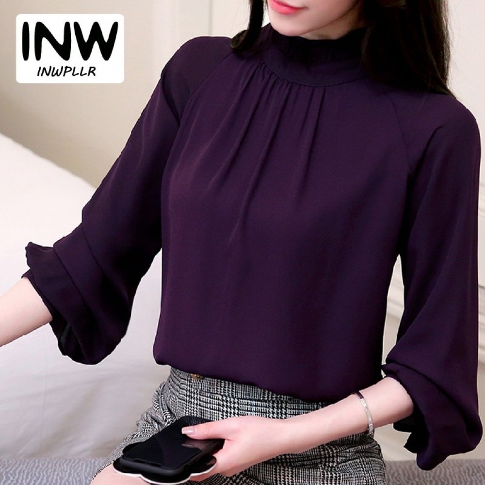 2018 Spring Blusas Feminina Elegant Chiffon Blouses Women Casual Lantern Sleeve Female Shirt Fashion Pink Purple Tops Ladies