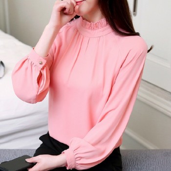 2018 Spring Blusas Feminina Elegant Chiffon Blouses Women Casual Lantern Sleeve Female Shirt Fashion Pink Purple Tops Ladies