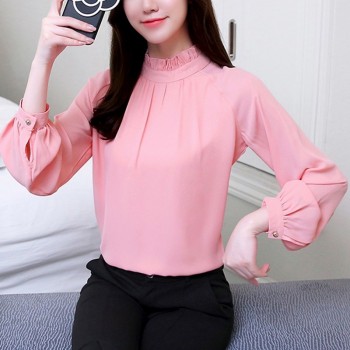 2018 Spring Blusas Feminina Elegant Chiffon Blouses Women Casual Lantern Sleeve Female Shirt Fashion Pink Purple Tops Ladies