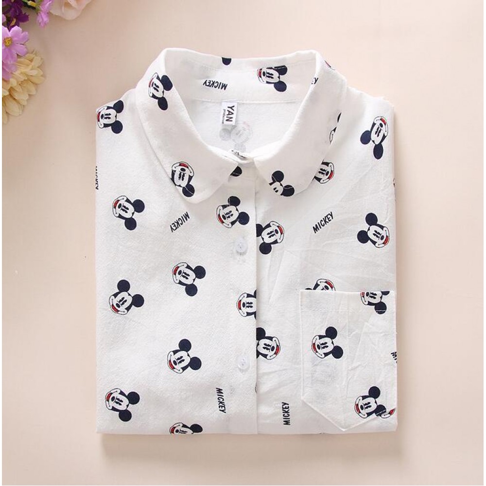Women Cotton Shirts 2018 Spring New Long Sleeve Cartoon Print White Blouses Shirts Womens Tops Blusas Feminine Blouse