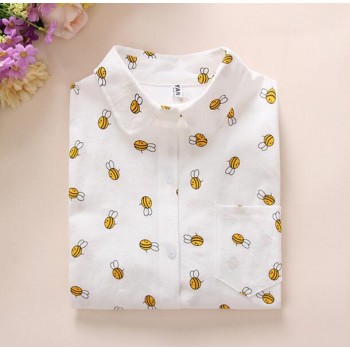 Women Cotton Shirts 2018 Spring New Long Sleeve Cartoon Print White Blouses Shirts Womens Tops Blusas Feminine Blouse