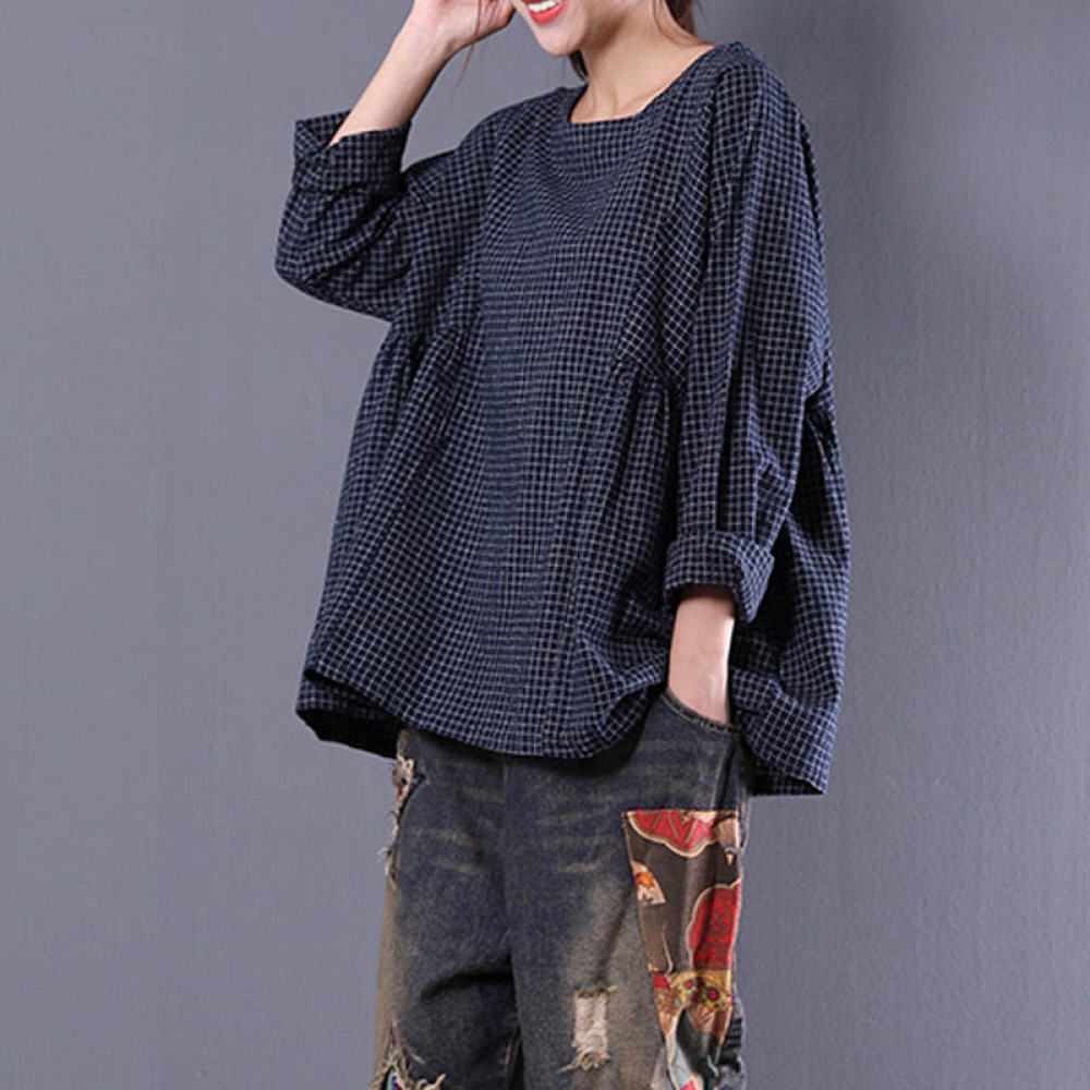 Top Blusas 2018 Women  Crew Neck Long Sleeve Plaid Check Autumn Cotton Linen Casual Party Pleated Flounce Blouse Shirt Plus Size