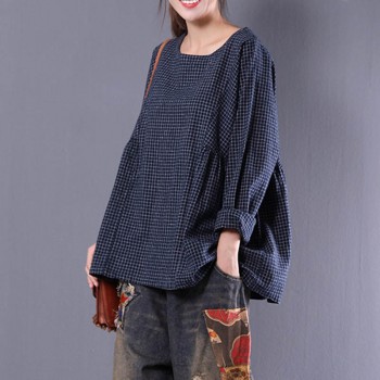 Top Blusas 2018 Women  Crew Neck Long Sleeve Plaid Check Autumn Cotton Linen Casual Party Pleated Flounce Blouse Shirt Plus Size