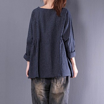 Top Blusas 2018 Women  Crew Neck Long Sleeve Plaid Check Autumn Cotton Linen Casual Party Pleated Flounce Blouse Shirt Plus Size