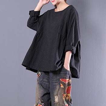 Top Blusas 2018 Women  Crew Neck Long Sleeve Plaid Check Autumn Cotton Linen Casual Party Pleated Flounce Blouse Shirt Plus Size