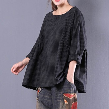 Top Blusas 2018 Women  Crew Neck Long Sleeve Plaid Check Autumn Cotton Linen Casual Party Pleated Flounce Blouse Shirt Plus Size