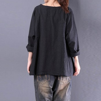 Top Blusas 2018 Women  Crew Neck Long Sleeve Plaid Check Autumn Cotton Linen Casual Party Pleated Flounce Blouse Shirt Plus Size