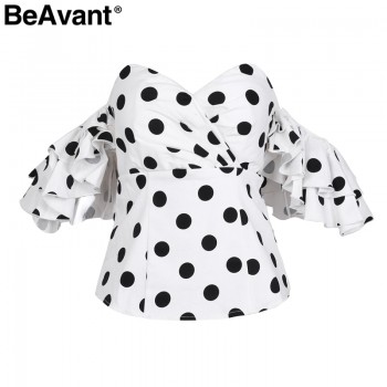 BeAvant Off shoulder slash neck sexy blouse Shirt women polka dot ruffle summer blouse 2018 NEW butterfly sleeve chic blouse top