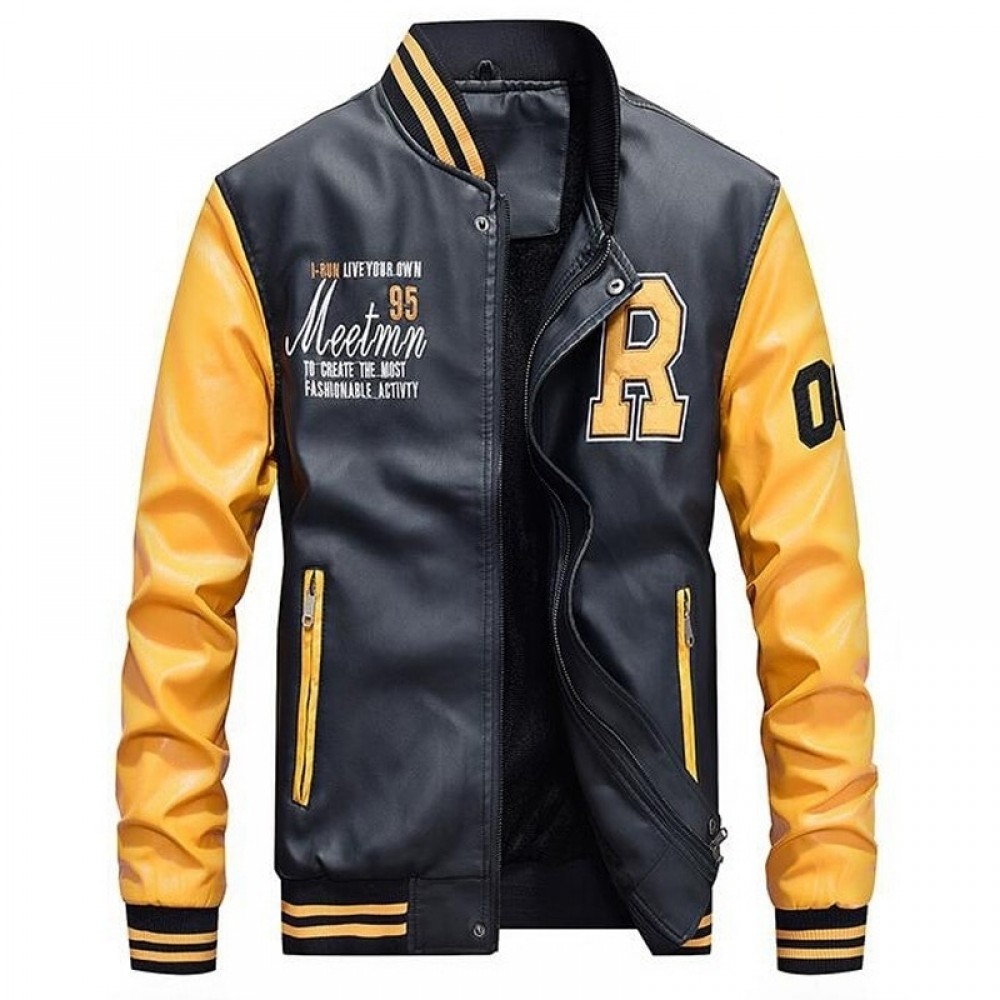 Men Baseball Jacket Embroidered Leather Pu Coats Slim Fit College Fleece Luxury Pilot Jackets Mens Stand Collar Top Jacket Coat