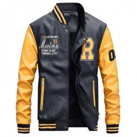 Men Baseball Jacket Embroidered Leather Pu Coats Slim Fit College Fleece Luxury Pilot Jackets Mens Stand Collar Top Jacket Coat