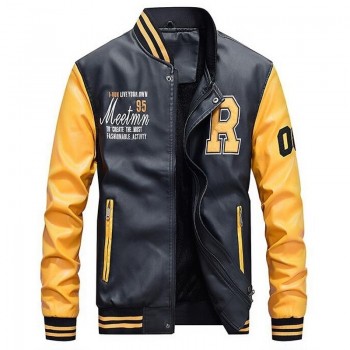 Men Baseball Jacket Embroidered Leather Pu Coats Slim Fit College Fleece Luxury Pilot Jackets Mens Stand Collar Top Jacket Coat