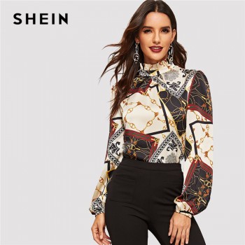 SHEIN Workwear Multicolor Frilled Neck Stand Collar Geometric Retro Print Top Women Autumn Modern Lady Casual Tops And Blouses