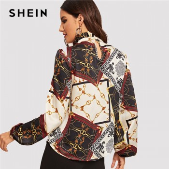 SHEIN Workwear Multicolor Frilled Neck Stand Collar Geometric Retro Print Top Women Autumn Modern Lady Casual Tops And Blouses