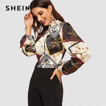 SHEIN Workwear Multicolor Frilled Neck Stand Collar Geometric Retro Print Top Women Autumn Modern Lady Casual Tops And Blouses