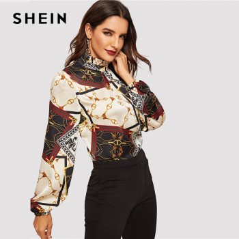 SHEIN Workwear Multicolor Frilled Neck Stand Collar Geometric Retro Print Top Women Autumn Modern Lady Casual Tops And Blouses