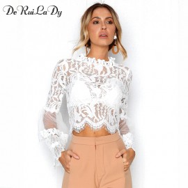 DeRuiLaDy Sexy Hollow Out White Lace Blouse Shirt Women Elegant Flare Sleeve Summer Blouses Female Casual Long Sleeve Tops Blusa