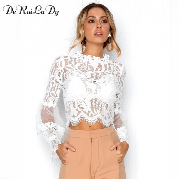 DeRuiLaDy Sexy Hollow Out White Lace Blouse Shirt Women Elegant Flare Sleeve Summer Blouses Female Casual Long Sleeve Tops Blusa