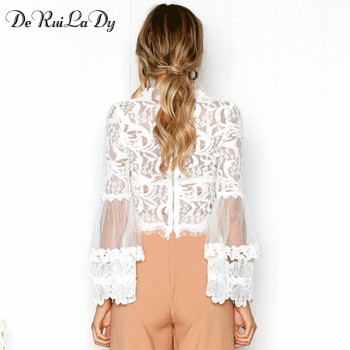 DeRuiLaDy Sexy Hollow Out White Lace Blouse Shirt Women Elegant Flare Sleeve Summer Blouses Female Casual Long Sleeve Tops Blusa