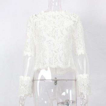 DeRuiLaDy Sexy Hollow Out White Lace Blouse Shirt Women Elegant Flare Sleeve Summer Blouses Female Casual Long Sleeve Tops Blusa