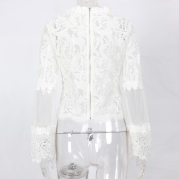 DeRuiLaDy Sexy Hollow Out White Lace Blouse Shirt Women Elegant Flare Sleeve Summer Blouses Female Casual Long Sleeve Tops Blusa