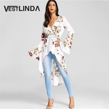 VESTLINDA Women Bell Sleeve Floral High Low Fishtail Top Blouse Fashion Casual Plunging Neck Long Sleeves Long Blouses Blusas