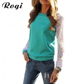 Rogi Fashion Lace Crochet Women Blouses Casual Round Neck Long Sleeve Blouse Shirt Patchwrok Hoodies Sweatshirts Tunic Blusas