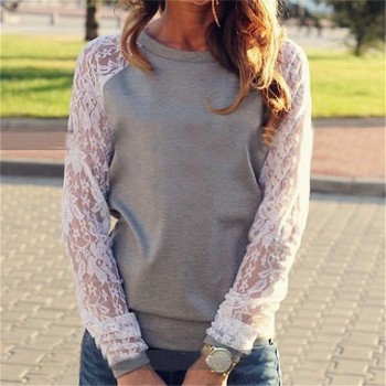 Rogi Fashion Lace Crochet Women Blouses Casual Round Neck Long Sleeve Blouse Shirt Patchwrok Hoodies Sweatshirts Tunic Blusas