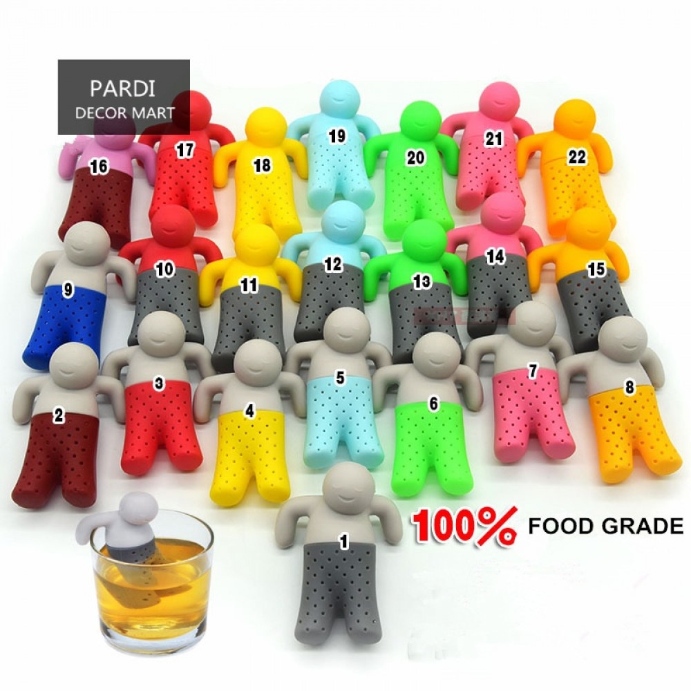 Hot sale 22 colors Mr little man tea strainer Silicone Tea bags Bath Little man hanging tea bags tea making device 1pc/lot
