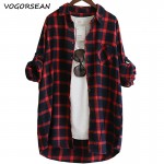 VogorSean Cotton Women Blouse Shirt Plaid 2018 Loose Casual Plaid Long sleeve Large size Top Womens Blouses red/green