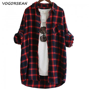 VogorSean Cotton Women Blouse Shirt Plaid 2018 Loose Casual Plaid Long sleeve Large size Top Womens Blouses red/green