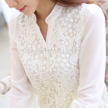 2018 New Arrival Women Lace Blouse Long sleeve Beading Crochet White Chiffon Shirt Plus size loose blusas 60B6