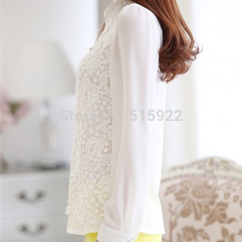 2018 New Arrival Women Lace Blouse Long sleeve Beading Crochet White Chiffon Shirt Plus size loose blusas 60B6