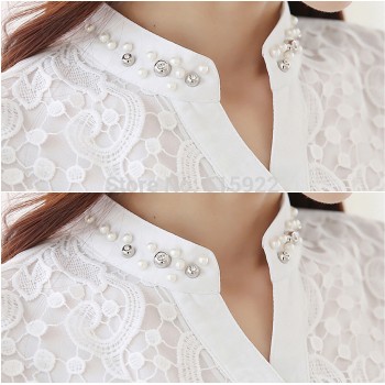 2018 New Arrival Women Lace Blouse Long sleeve Beading Crochet White Chiffon Shirt Plus size loose blusas 60B6
