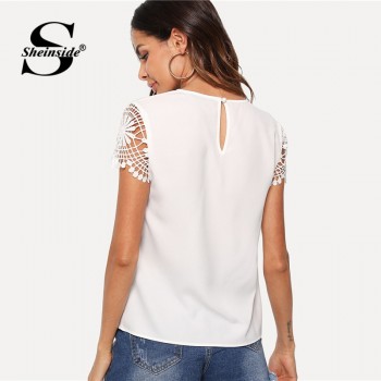 Sheinside White Cap Sleeve Weekend Casual Tops Office Ladies Round Neck Cut Out Pullovers 2018 Women Summer Elegant Blouse