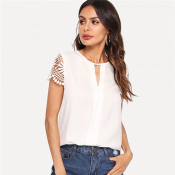 Sheinside White Cap Sleeve Weekend Casual Tops Office Ladies Round Neck Cut Out Pullovers 2018 Women Summer Elegant Blouse