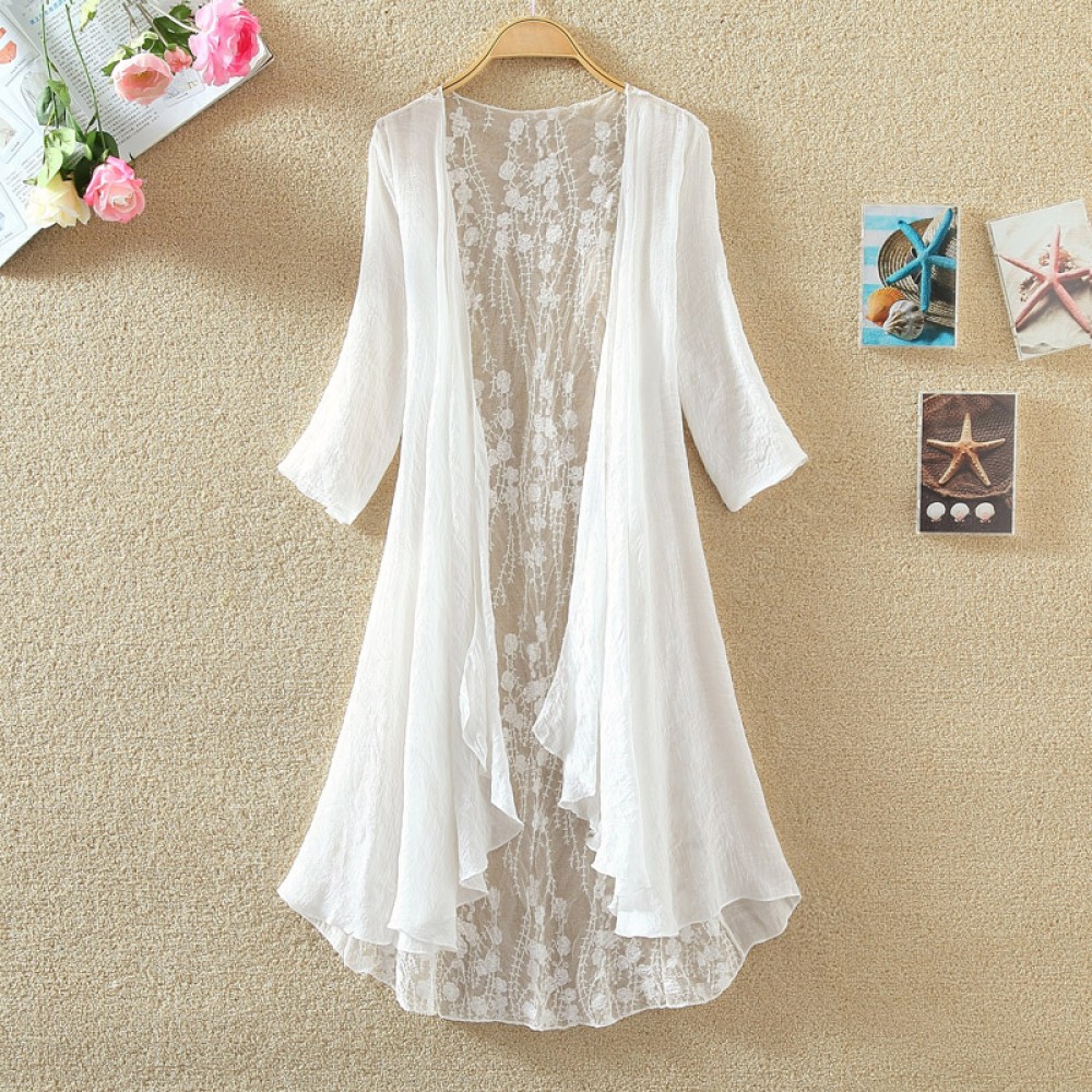 Kimono Cardigan Women Lace Summer Cardigan Feminino Embroidery Blouse Long Shirt Off White Camisa Feminina 2018 Boho Korean New