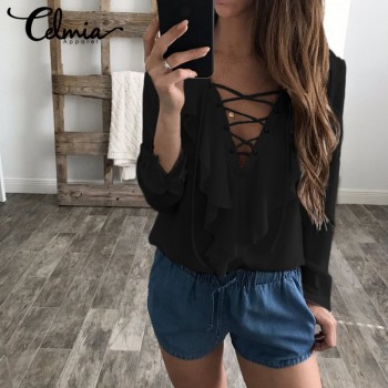 Celmia Womens Summer Blouse 2018 Chiffon Blouse Sexy Top Lace Up V Neck Ruffle Long Sleeve Shirt Casual Plus Size Blusa Feminina