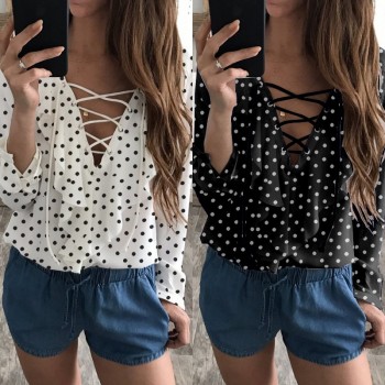 Celmia Womens Summer Blouse 2018 Chiffon Blouse Sexy Top Lace Up V Neck Ruffle Long Sleeve Shirt Casual Plus Size Blusa Feminina