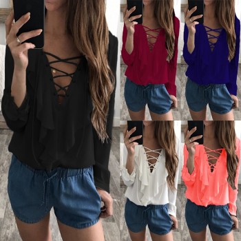 Celmia Womens Summer Blouse 2018 Chiffon Blouse Sexy Top Lace Up V Neck Ruffle Long Sleeve Shirt Casual Plus Size Blusa Feminina