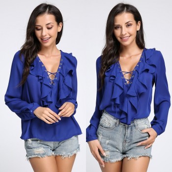 Celmia Womens Summer Blouse 2018 Chiffon Blouse Sexy Top Lace Up V Neck Ruffle Long Sleeve Shirt Casual Plus Size Blusa Feminina