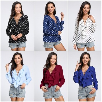Celmia Womens Summer Blouse 2018 Chiffon Blouse Sexy Top Lace Up V Neck Ruffle Long Sleeve Shirt Casual Plus Size Blusa Feminina