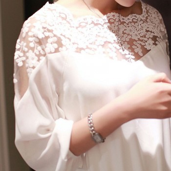 2019 Hot Sell Fashion Women Three Quarter Sleeve Lace Hollow Collar Chiffon Blouse Crop Ladies Girl White Black Cosy Tops Shirts