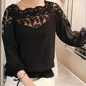 2019 Hot Sell Fashion Women Three Quarter Sleeve Lace Hollow Collar Chiffon Blouse Crop Ladies Girl White Black Cosy Tops Shirts
