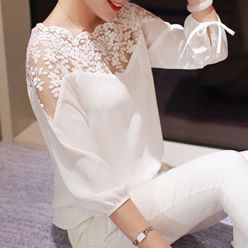 2019 Hot Sell Fashion Women Three Quarter Sleeve Lace Hollow Collar Chiffon Blouse Crop Ladies Girl White Black Cosy Tops Shirts
