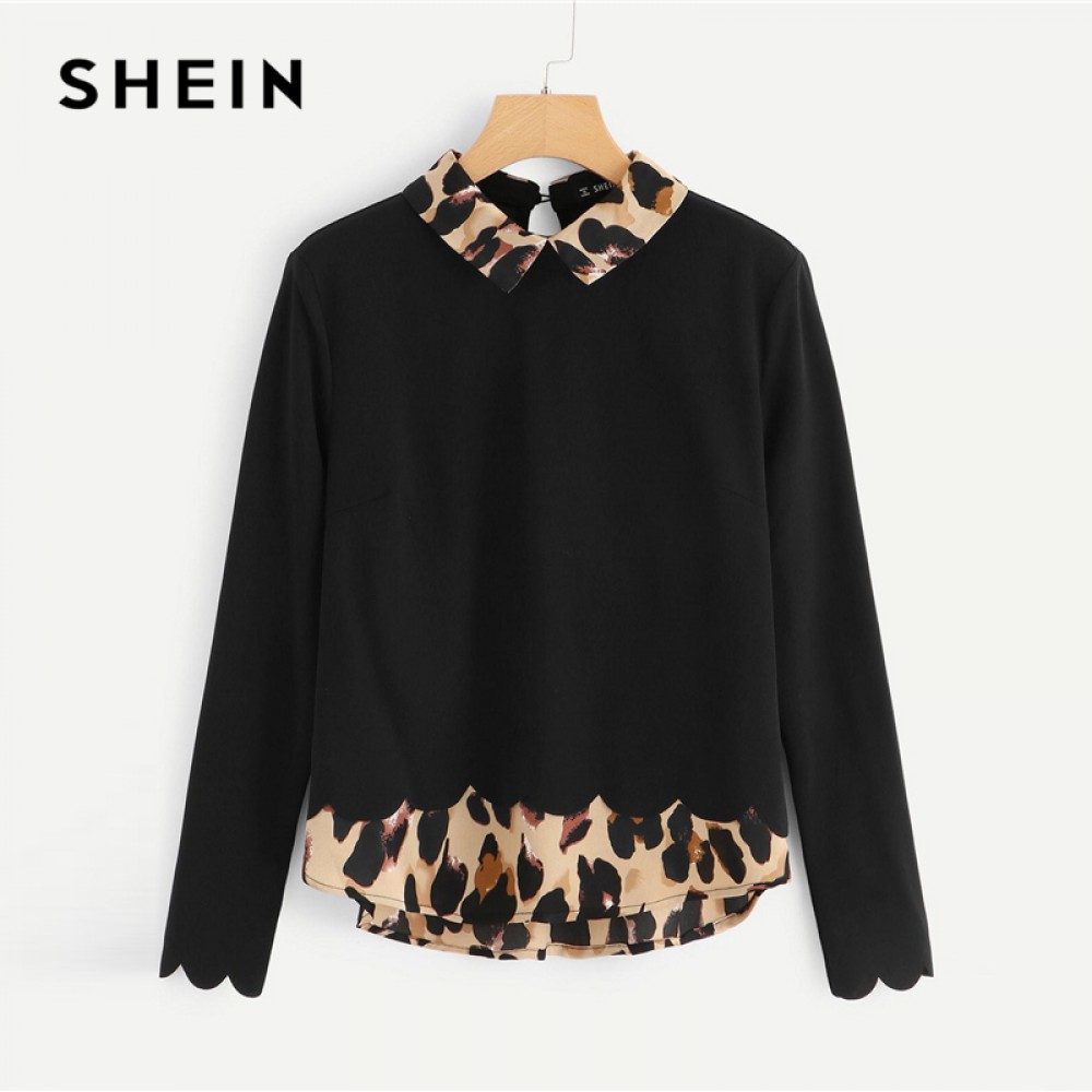 SHEIN Black Contrast Collar And Hem Scalloped Blouse Preppy Long Sleeve Casual Pullover Blouse Autumn Women Tops And Blouses